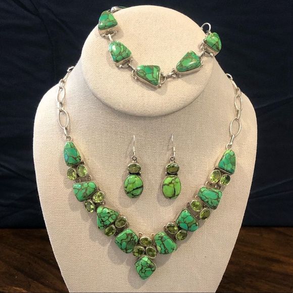 Mohave Lime Green Copper Infused Turquoise Peridot Sterling Silver Drop Earrings - Picture 7 of 16